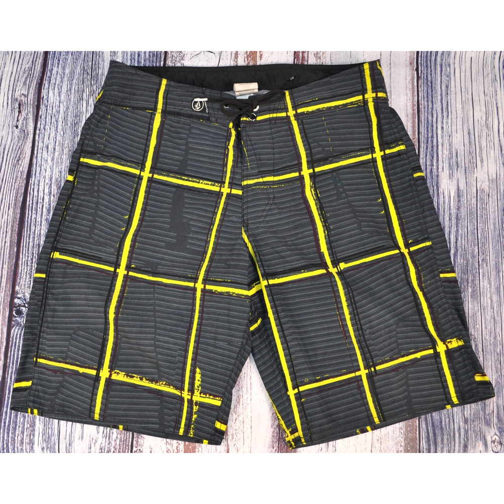 Volcom Swim Trunks Shorts Men's 34 Black/Gray/Yellow Geometric 20" Boardshorts
